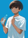  1girl androgynous bangs blue_background bottle brown_hair clothes_grab highres holding holding_bottle hot looking_away obishima_yukari ramune shirt short_hair short_sleeves solo sweat t-shirt umi_meteo upper_body water water_bottle white_shirt world_trigger 