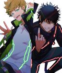  2boys absurdres bangs beckoning belt black_hair black_jacket blonde_hair blue_pants clenched_teeth column_lineup glowing green_eyes hand_up hands_up headset highres htr_wiwi index_finger_raised inukai_sumiharu jacket kageura_masato laser long_sleeves looking_at_viewer male_focus multiple_boys neon_trim one_knee open_mouth pants red_eyes shirt short_hair simple_background smile spiked_hair t-shirt teeth uneven_eyes upper_body waving white_background white_shirt world_trigger 