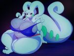  2022 absurd_res aimbot-jones antennae_(anatomy) anthro big_breasts big_tail bra breasts clothed clothing curvy_figure female generation_6_pokemon goodra hi_res huge_breasts huge_tail looking_at_viewer navel nintendo overweight overweight_female panties partially_clothed pokemon pokemon_(species) sitting solo tail thick_thighs underwear voluptuous wasabi_(aimbot-jones) 