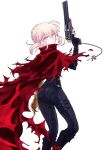  1girl angry artoria_pendragon_(fate) belt black_belt black_bodysuit black_gloves blonde_hair bodysuit braid cape chain fate/grand_order fate_(series) frown gloves gun holding holding_gun holding_weapon multiple_belts red_cape saber_alter solo thigh_belt thigh_strap torn_cape torn_clothes weapon white_background white_eyes yumechi 