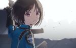  1girl :o amatori_chika bangs black_gloves black_hair blue_jacket bob_cut from_behind gloves gun hand_up hetalia38 jacket light_particles long_sleeves looking_back purple_eyes rifle short_hair sniper_rifle solo sweat uniform weapon world_trigger 