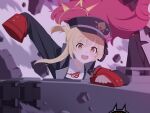  2girls :d absurdres aimpoleume black_headwear black_ribbon blonde_hair blue_archive bow collared_shirt grey_jacket ground_vehicle hair_ribbon halo hat hat_bow highres ibuki_(blue_archive) iroha_(blue_archive) jacket long_hair looking_at_viewer military military_jacket military_vehicle motor_vehicle multiple_girls neck_ribbon out_of_frame peaked_cap pink_bow red_hair ribbon shirt sleeves_past_fingers sleeves_past_wrists smile solo solo_focus tank tiger_i upper_body waving wavy_hair white_shirt yellow_eyes 
