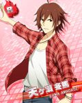  1boy ahoge amagase_touma belt bracelet breast_pocket brown_eyes brown_hair card_(medium) character_name clenched_hand collared_shirt hair_between_eyes idolmaster idolmaster_side-m jewelry looking_at_viewer necklace official_art open_clothes open_shirt pink_background pocket shirt third-party_source 