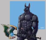  anthro anubian_jackal balls canid canine canis digital_media_(artwork) erection genitals glowing glowing_eyes humanoid jackal league_of_legends looking_at_viewer male male/male mammal muscular nasus_(lol) nipples nude pecs penis riot_games solo staff ultra_vermin 