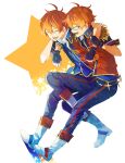  2boys ahoge aoi_kyosuke aoi_yusuke arm_on_shoulder bishounen black_gloves blue-framed_eyewear boots brothers buttons closed_eyes collared_shirt epaulettes fingerless_gloves glasses gloves idolmaster idolmaster_side-m multiple_boys orange_hair reason!!_(idolmaster) shirt siblings smile star_(symbol) takerusilt twins w_(idolmaster) white_background white_footwear 