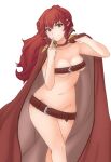  1girl anna_(fire_emblem) belt beltbra beltskirt cloak finger_to_mouth fire_emblem fire_emblem_awakening highres leaning_forward long_hair looking_at_viewer naked_cloak ponytail red_cloak red_eyes red_hair revealing_clothes simple_background smile solo standing tridisart white_background 