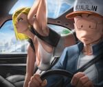  1boy 1girl absurdres android_18 arm_up armpits baseball_cap black_vest blonde_hair blue_jacket breasts car_interior city closed_mouth dragon_ball dragon_ball_z driving earrings elite_nappa hanging_breasts hat highres jacket jewelry kuririn looking_up no_nose shiny_skin shirt sweat sweating_profusely tank_top urban vest white_shirt white_tank_top 