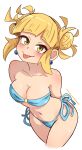  1girl :p arms_behind_back bangs bikini blonde_hair blue_bikini blunt_bangs blush boku_no_hero_academia breasts cleavage closed_mouth collarbone dashi double_bun hair_bun highres messy_hair smile solo swimsuit toga_himiko tongue tongue_out yellow_eyes 