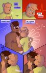  anthro bear blush brown_body brown_fur clothed clothing comic dialogue digital_media_(artwork) domestic_cat duo english_text facial_hair felid feline felis fur hair heterochromia hi_res kiss_on_lips kissing klenn_(sleepywozzy) male male/male mammal matt_(sleepywozzy) mature_anthro mature_male nipples open_mouth overweight overweight_male piercing shaded simple_background simple_shading sleepywozzy smile speech_bubble text topwear 