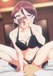  bare_arms bare_legs bare_shoulders bed bikini black_bikini black_hair blurry blurry_background breasts cam_(otachan) cleavage collarbone grey_eyes groin highres large_breasts looking_at_viewer mask mask_pull midriff mouth_mask navel piercing squatting squatting_cowgirl_position swimsuit the_otachan_show thighs tongue tongue_out tongue_piercing 