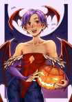  1girl animal_print bat_(animal) bat_print bat_wings breasts bridal_gauntlets cleavage_cutout clothing_cutout collarbone commentary demon_girl effy_neprin english_commentary food full_moon head_wings heart heart-shaped_pupils highres holding holding_food holding_pumpkin holding_vegetable jack-o&#039;-lantern leotard lilith_aensland low_wings moon pantyhose print_legwear pumpkin purple_pantyhose red_eyes red_leotard red_lips red_nails sharp_teeth small_breasts solo strapless strapless_leotard symbol-shaped_pupils teeth vampire_(game) vegetable wings 
