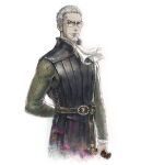  1boy arm_behind_back beard belt benedict_pascal closed_mouth cowboy_shot facial_hair glasses grey_hair ikusy looking_at_viewer male_focus official_art scarf short_hair solo sprite standing triangle_strategy white_scarf 