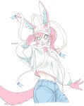  anthro baggy_clothing baggy_topwear blue_eyes blush bottomwear clothing crop_top denim denim_clothing eeveelution female generation_6_pokemon hair hat headgear headwear hi_res inner_ear_fluff jeans navel nintendo pants patrasche99 pink_body pink_hair pink_tail pokemon pokemon_(species) shirt simple_background solo sylveon tail topwear tuft white_body 