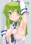  1girl areola_slip arm_up armpits bangs black_necktie blush breasts closed_mouth collared_shirt commentary_request covered_nipples crossed_bangs dated detached_sleeves frog_hair_ornament green_eyes green_hair grey_background hair_between_eyes hair_ornament kei_jiei kochiya_sanae large_breasts long_hair looking_afar looking_to_the_side necktie presenting_armpit shirt sideboob sidelocks single_hair_tube sleeveless sleeveless_shirt smile snake_hair_ornament solo touhou upper_body white_shirt white_sleeves 