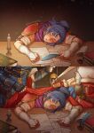  1boy 2girls armor blanket blue_eyes breastplate caeda_(fire_emblem) candle candlelight closed_eyes commission desk fingerless_gloves fire_emblem fire_emblem:_mystery_of_the_emblem fire_emblem:_new_mystery_of_the_emblem gloves highres hiomaika ink_bottle kris_(female)_(fire_emblem) kris_(fire_emblem) lying marth_(fire_emblem) multiple_girls on_table paper pen ponytail quill sleeping sleeping_upright solo_focus table twitter_username writing 