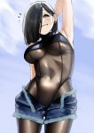  1girl absurdres among_us arm_behind_head armpits blue_eyes blush bodystocking breasts earrings grin hair_over_one_eye highres jewelry looking_at_viewer mole mole_under_mouth navel original pupi_(rain_prophet) short_hair shorts sleeveless smile solo 