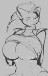  2022 absurd_res anthro areola areola_slip big_breasts bodily_fluids breasts canid canine canis collar digital_media_(artwork) ear_piercing ear_ring female five_nights_at_freddy&#039;s five_nights_at_freddy&#039;s:_security_breach grey_background hair half-length_portrait hand_on_breast hi_res huge_breasts long_hair looking_at_viewer mammal monotone_background one_eye_closed piercing portrait ring_piercing roxanne_wolf_(fnaf) scottgames simple_background sitting sketch solo spiked_collar spikes sweat sweatdrop themercart under_boob wide_hips wolf 