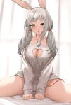  1girl animal_ears bare_shoulders breasts cccpo cleavage_cutout clothing_cutout collarbone curtains grey_eyes grey_hair grey_shirt heart_cutout jewelry large_breasts long_hair long_sleeves looking_at_viewer low_twintails open_mouth original pendant rabbit_ears shirt sitting solo thighs twintails 