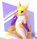  2023 absurd_res ambiguous_gender anthro armwear bandai_namco black_pupils black_sclera blue_eyes canid canine clothing digimon digimon_(species) fingers fur fur_tuft hi_res mammal mostly_nude multicolored_ears pupils purple_armwear purple_clothing renamon senz tail tuft two_tone_ears white_ears yellow_body yellow_ears yellow_fur yellow_tail 