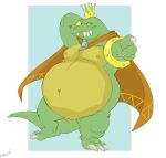  2023 anthro belly big_belly canson cape claws clothing crocodilian crown donkey_kong_(series) fangs featureless_crotch geometric_background gesture green_body green_skin half-closed_eyes hand_behind_head headgear hi_res jewelry king_k._rool kremling looking_at_viewer male mostly_nude narrowed_eyes navel nintendo nipples outie_navel pecs plantigrade pointing pointing_at_viewer reptile scalie sharp_teeth signature simple_background solo teeth yellow_body yellow_skin 