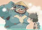  2023 anthro armpit_hair bathing bear belly big_belly blue_body body_hair clothing duo eyes_closed garouzuki hat headgear headwear human humanoid_hands kemono male mammal moobs nipples overweight overweight_male scar tamacolle water young 