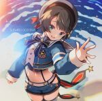  1girl arm_at_side beret black_bow black_bowtie black_hair blue_eyes blue_shorts bow bowtie brooch character_name cowboy_shot crop_top hand_up hat hip_vent hololive honda_tamanosuke jewelry long_sleeves looking_at_viewer navel oozora_subaru open_mouth sailor_collar short_hair shorts sleeves_past_wrists solo star_brooch suspender_shorts suspenders virtual_youtuber 