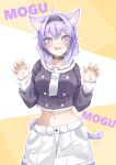  1girl :3 absurdres ahoge animal_ear_fluff animal_ears belt_collar black_collar black_hairband blush breasts cat_ears cat_girl cat_tail collar commentary_request hairband highres hololive large_breasts medium_hair midriff mikazuki1613 nekomata_okayu open_mouth paw_pose purple_eyes purple_hair purple_shirt sailor_collar sailor_shirt shirt shorts smile solo tail underwear virtual_youtuber white_sailor_collar white_shorts 