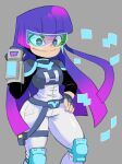  1girl bangs belt blue_gloves blush bodysuit eyelashes fingerless_gloves glitch_techs gloves grey_background hand_on_hip highres holster knee_pads long_hair miko_kubota purple_hair smile solo soxy thigh_holster tinted_eyewear very_long_hair 