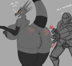  anthro anus areola argonian armor bethesda_softworks big_areola big_breasts big_butt big_nipples blush breasts butt butt_slap clothed clothing dialogue duo english_text female genitals gloves handwear headgear helmet hi_res horn huge_breasts huge_butt human hyper hyper_breasts hyper_butt knight legwear looking_at_viewer looking_back male mammal nipples nude pussy raised_tail rear_view reptile scalie simple_background slap smile tail text the_elder_scrolls thick_thighs thigh_highs vf-01s warrior wide_hips 