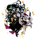  black_hair black_suit blue_hair flower formal hug huitzilopochtli_(fate) izcalli_(fate) jewelry long_hair multicolored_hair nobicco suit 