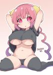  1girl arms_behind_head bangs black_panties black_thighhighs blunt_bangs blush breasts commentary_request covered_nipples dated dragon_girl dragon_horns full_body gradient_hair horns ilulu_(maidragon) kei_jiei kobayashi-san_chi_no_maidragon large_breasts long_hair looking_at_viewer multicolored_hair navel open_mouth outline panties pink_hair purple_hair red_eyes solo thighhighs underboob underwear white_outline yellow_horns 
