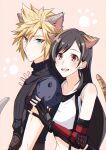  1boy 1girl absurdres animal_ears arm_guards armor bangs bare_shoulders black_gloves black_hair black_skirt black_sports_bra blonde_hair blue_eyes blush cat_ears cat_tail closed_mouth cloud_strife crop_top earrings elbow_gloves final_fantasy final_fantasy_vii final_fantasy_vii_remake fingerless_gloves gloves highres jewelry long_hair looking_at_viewer low-tied_long_hair midriff mizuamememe open_mouth red_eyes ribbed_sweater shoulder_armor single_earring skirt sleeveless sleeveless_turtleneck spiked_hair sports_bra suspender_skirt suspenders sweater swept_bangs tail tank_top teeth tifa_lockhart turtleneck turtleneck_sweater undershirt upper_body upper_teeth_only white_tank_top 