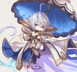  1girl ahoge bangs black_footwear blue_eyes chibi closed_mouth floating full_body granblue_fantasy grey_hair holding holding_umbrella honda_tamanosuke looking_at_viewer outstretched_arm pelvic_curtain short_hair solo thighhighs umbrella wamdus_(granblue_fantasy) white_thighhighs 