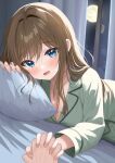  1boy 1girl bangs bed_sheet blue_eyes blush breasts brown_hair cleavage full_moon hetero highres holding_hands indoors interlocked_fingers large_breasts long_hair looking_at_viewer lying moon night on_bed on_stomach original pajamas pillow piyopoyo pov solo_focus 