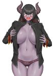  1girl bangs black_hair black_shirt blush breasts breasts_apart colored_skin commentary cowboy_shot demon_girl demon_horns embarrassed english_commentary floral_print gradient_hair hands_on_own_chest highres horns huge_breasts long_hair long_sleeves looking_down multicolored_hair navel nestkeeper no_bra no_pants open_mouth original panties print_panties purple_skin red_eyes red_hair red_panties shiny_skin shirt sidelocks simple_background solo standing stomach sweatdrop thigh_gap turtleneck unbuttoned underwear white_background 