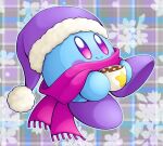  alternate_color blue_skin blush_stickers colored_skin cup food hat highres holding holding_cup hot_chocolate kirby kirby_(series) looking_at_viewer marshmallow no_humans pom_pom_(clothes) purple_eyes purple_headwear scarf slys_(jesterdysphoria) smile solid_oval_eyes solo star_(symbol) 