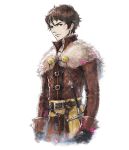 1boy belt blue_eyes brown_hair capelet closed_mouth cowboy_shot fur_capelet ikusy looking_at_viewer male_focus official_art serenoa_wolffort solo sprite standing sword transparent_background triangle_strategy weapon 