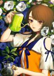  1girl anago_(tokyo_retro_gokko) brown_eyes brown_hair clothing_cutout coffee_pot day fatal_frame fatal_frame_5 flower hand_up highres kozukata_yuuri medium_hair outdoors short_sleeves shoulder_cutout solo upper_body watering_can 