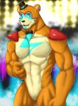  2022 absurd_res anthro bear blue_eyes bodypaint bow_tie bracelet chibikoma claws clothed clothing digital_drawing_(artwork) digital_media_(artwork) ear_piercing ear_ring eyebrows face_paint featureless_crotch five_nights_at_freddy&#039;s five_nights_at_freddy&#039;s:_security_breach fur glamrock_freddy_(fnaf) hat headgear headwear hi_res jewelry looking_at_viewer male mammal markings muscular muscular_anthro muscular_male navel nude open_mouth pecs piercing portrait ring_piercing scottgames shoulder_guards simple_background smile solo tan_body tan_fur three-quarter_portrait top_hat white_background yellow_body yellow_fur 