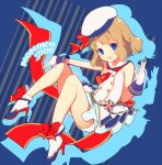  1girl ankle_bow bangs blue_eyes bow character_name dress floating full_body gloves hand_up hat high_heels honda_tamanosuke idolmaster idolmaster_million_live! light_brown_hair medium_hair neckerchief outstretched_arm red_bow red_neckerchief red_ribbon ribbon sailor_collar short_dress solo suou_momoko white_footwear white_headwear white_sailor_collar 