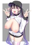  1girl baseball_cap breasts breasts_out double_v fang hat highres huge_breasts jirai_kei kitajima_yuuki long_hair looking_at_viewer mole mole_on_breast nipples open_mouth original skindentation solo thighhighs tongue tongue_out v white_thighhighs 