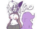 anthro big_breasts breasts canid canine canis clothed clothing clothing_lift dawrk dawrklawst exposed_breasts female goo_creature jackal mammal relaxed_expression shirt shirt_lift slightly_chubby slime solo solo_focus speech_bubble sweater topwear 
