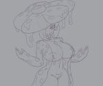  2022 3_fingers big_breasts black_and_white breasts dripping female fingers fusion gardevoir generation_1_pokemon generation_3_pokemon genitals grey_background hair hair_over_eye hi_res humanoid line_art long_tongue looking_at_viewer monochrome nintendo nipples not_furry nude one_eye_obstructed oozing pokemon pokemon_(species) pussy reapcreates831 simple_background solo spots spotted_body tongue toxins vileplume 