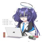  1girl bangs black_gloves black_jacket blue_archive blue_necktie can collared_shirt computer empty_eyes energy_drink gloves hair_between_eyes half_gloves halo jacket laptop monster_energy necktie o_(rakkasei) off_shoulder parted_bangs purple_eyes purple_hair shaded_face shirt simple_background solo translation_request trembling two_side_up white_background white_jacket white_shirt yuuka_(blue_archive) 