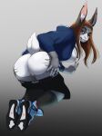  absurd_res anthro bent_over blue_eyes bottomwear bottomwear_down breasts brown_hair butt cellena clothed clothing ear_piercing ear_ring eyelashes female footwear fur genitals grey_body grey_fur hair hi_res hoodie inner_ear_fluff lagomorph leporid looking_at_viewer mammal nipples one_eye_closed open_clothing open_hoodie open_topwear pants pants_down partially_clothed piercing presenting presenting_hindquarters pussy rabbit ring_piercing shoes short_tail shorts shorts_down simple_background sneakers socks solo tail topwear tuft white_body white_fur wink winking_at_viewer wolfbane154 