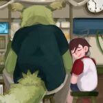  2016 anthro asian_mythology bodily_fluids brown_hair chair clock clothing colored dragon duo east_asian_mythology eastern_dragon furniture green_body hair hiroyuki_(morenatsu) horn human larger_anthro light_body light_skin male mamaito mammal morenatsu mythology on_chair raimon_restaurant rear_view shirt sitting sitting_on_chair size_difference smaller_human sweat sweatdrop tappei_(morenatsu) topwear wall_clock 