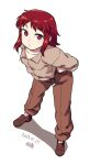  1girl artist_name belt character_request dated dragon_quest dragon_quest_iii expressionless full_body hands_on_hips leaning_forward looking_at_viewer purple_eyes red_hair simple_background solo tsukudani_(coke-buta) white_background 