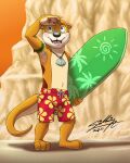  anthro beach bottomwear clothing hi_res male mammal mustelid otter sagadreams seaside shorts solo surfboard swimming swimming_trunks swimwear 