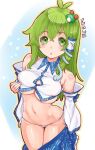  1girl antenna_hair bangs blue_bow blue_skirt blush body_blush bow breasts collared_shirt commentary_request covered_nipples cowboy_shot crop_top crossed_bangs dated detached_sleeves frilled_skirt frills frog_hair_ornament green_eyes green_hair hair_between_eyes hair_ornament kei_jiei kochiya_sanae large_breasts long_hair looking_at_viewer navel open_mouth outline panties shiny_skin shirt sidelocks single_hair_tube skirt sleeve_bow sleeveless sleeveless_shirt snake_hair_ornament solo touhou underwear white_panties white_shirt white_sleeves yellow_outline 