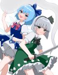  2girls absurdres bangs black_bow black_bowtie black_hairband bloomers blue_bow blue_eyes blue_hair blunt_bangs bow bowtie cirno closed_mouth collared_shirt commentary_request crystal_sword detached_wings ghost green_eyes green_skirt green_vest grey_hair hair_bow hairband highres holding holding_sword holding_weapon ice ice_wings katana konpaku_youmu konpaku_youmu_(ghost) looking_at_viewer mikan_(manmarumikan) multiple_girls open_mouth red_bow red_bowtie shirt short_hair short_sleeves simple_background skirt sword touhou underwear vest weapon white_background white_shirt wings 